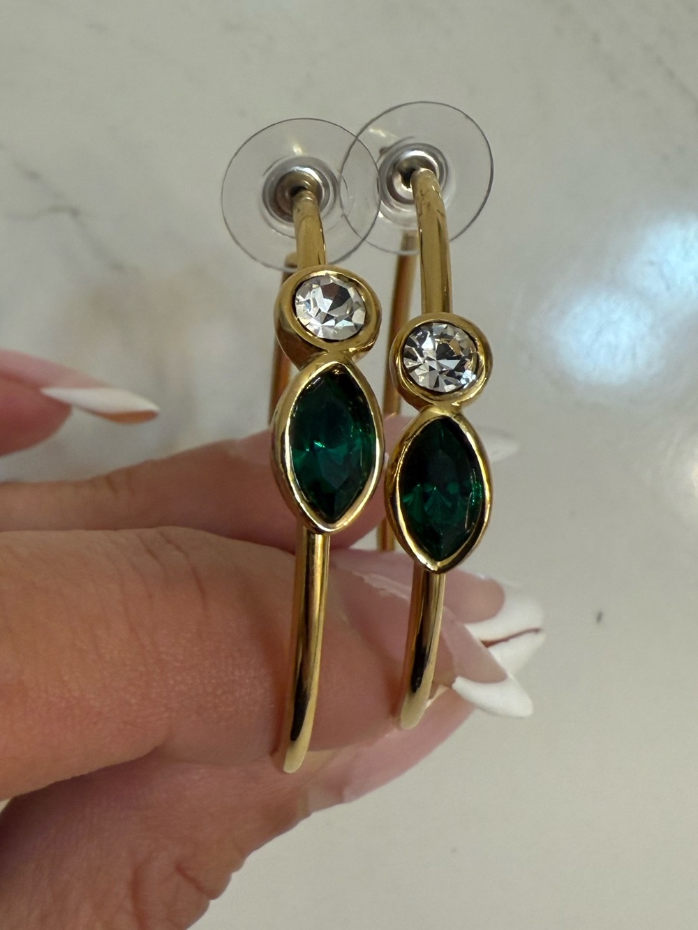 Gold Hoop Earrings with Emerald Green Marquise Stones